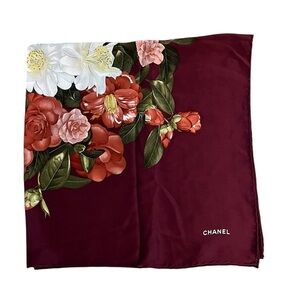 CHANEL Luxury Designer Burgundy Silk Floral Scarf w/ Rolled Edges